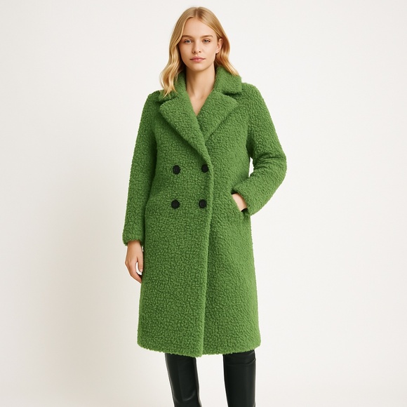 Zara Green Boucle Double Breasted Coat Size XS Parisian Style As Seen In Paris - Picture 2 of 8